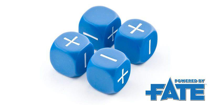 FATE dice used in the role-playing example.